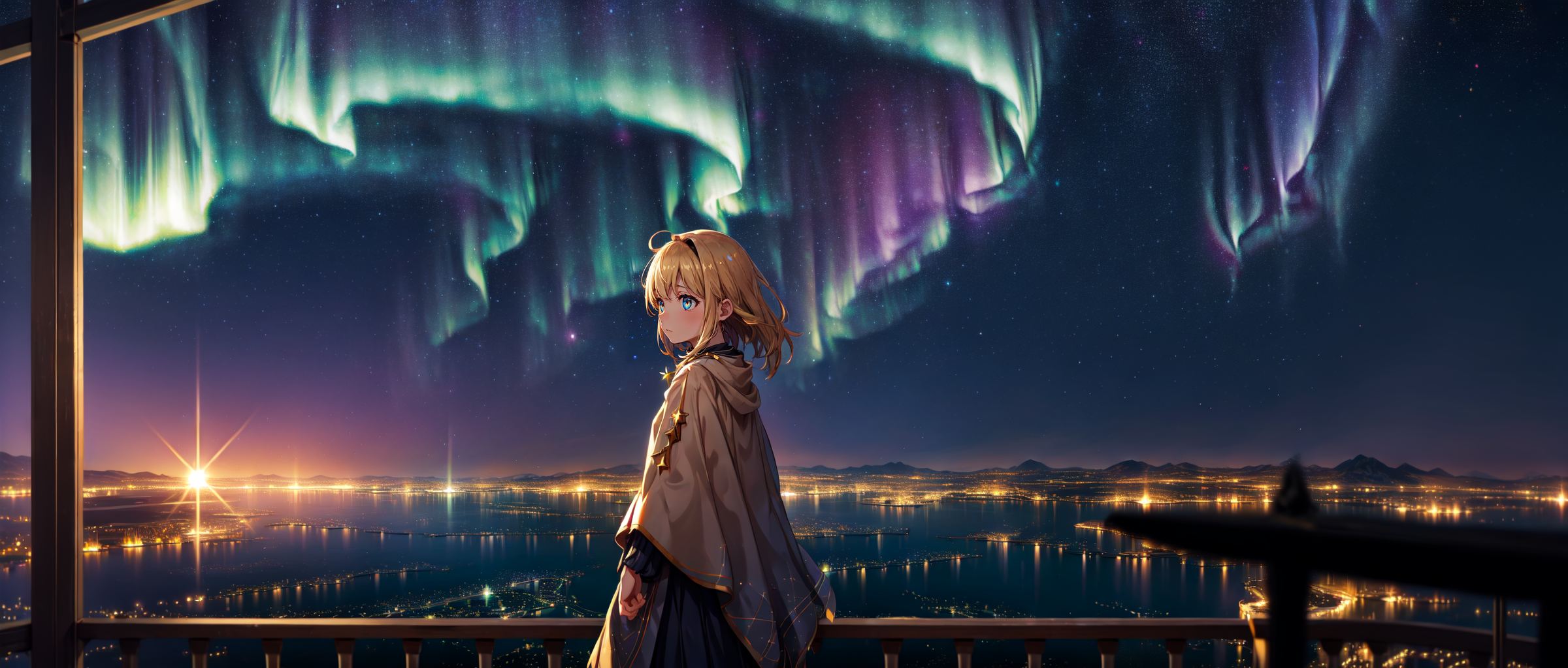 a girl, (glowing stars through the air:1.1), blurry background, bokeh, depth of field, starry skyline, out in the open, al...